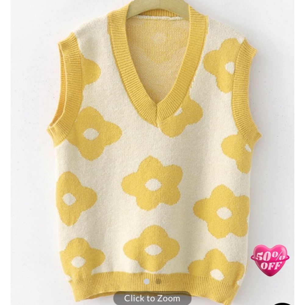 Floral Print Jacquard Sleeveless Sweater Vest Yellow Y2K